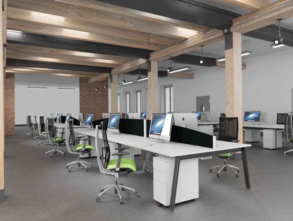 Switch 2 Person Back To Bench Desk With Straight Leg In White White And Black Office Desks With Desk Mounted Screens Lime Green Chairs